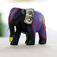 Wood figurine, 'Culture Elephant II' - Hand-Painted Iris and Black Elephant Sese Wood Figurine