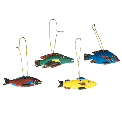 Wood ornaments, 'Little Vibrant Fish' (set of 4) - Set of 4 Hand-Painted Colorful Sese Wood Fish Ornaments