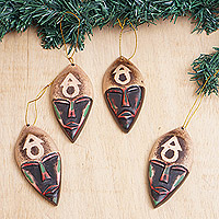 Wood ornaments, 'Ghana Wishes' (set of 4) - Set of 4 Hand-Painted Brown and Black Sese Wood Ornaments