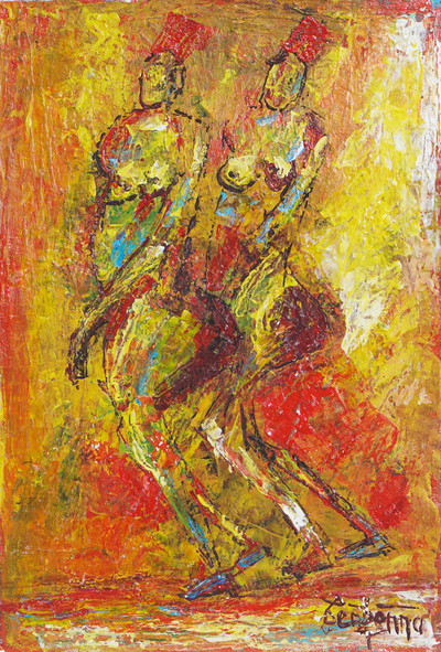 Signed Unstretched Expressionist Painting of Dancing Women - Nude in Movement | NOVICA