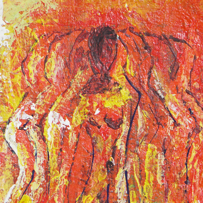 Signed Unstretched Expressionist Warm Painting of Women - No Shame | NOVICA