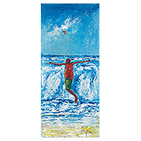 'Imitando' - Pintura expresionista de niño jugando en la playa