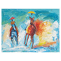 'Ride in the Shade' - Expressionistic Painting of Men Riding Horses with Umbrellas