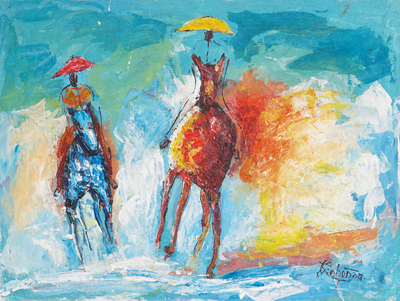 'Ride in the Shade' - Expressionistic Painting of Men Riding Horses with Umbrellas