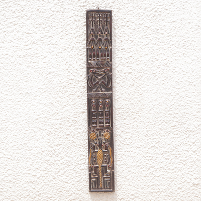 Panel en relieve de caoba - Panel de relieve de pared de caoba de Ghana tallado y pintado a mano