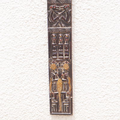 Mahogany relief panel, 'Malian Dogon Board' - Ghanaian Mahogany Wall Relief Panel Carved & Painted by Hand