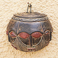 African calabash mask, 'Trinity' - Hand-Painted Traditional Black and Red African Calabash Mask
