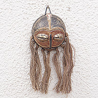 African calabash mask, 'Ghana's Soul' - Traditional African Calabash Mask with Raffia Accents