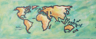 'Lemon World Map' - Pintura acrílica verde impresionista estirada del mundo