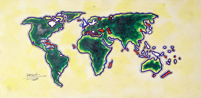 'Green World Map' - Stretched Impressionist Green Acrylic Painting of the World