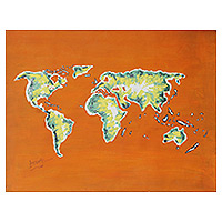 'Fresh Land World Map' - Signed Orange and Green Acrylic Painting of a World Map