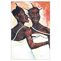 'Face To Face' - Signed Unstretched Impressionist Acrylic Painting from Ghana