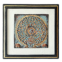 Quarry dust wall art, 'Peacock Nature' - Peacock-Themed Sese Wood-Framed Quarry Dust Wall Art