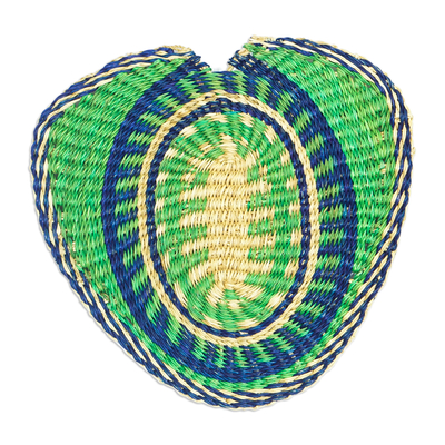 Raffia wall art, 'Queen's Love' (set of 2) - Set of 2 Handwoven Green and Blue Raffia Wall Accents