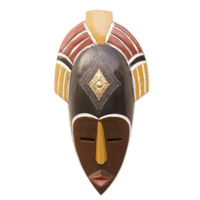 African wood mask, 'Ashanti Princess' - African Ashanti Sese Wood Mask with Brass and Aluminum