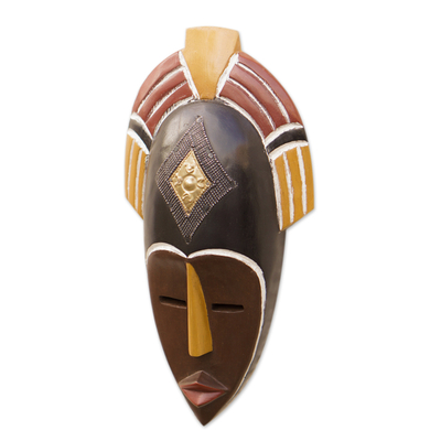 African wood mask, 'Ashanti Princess' - African Ashanti Sese Wood Mask with Brass and Aluminum