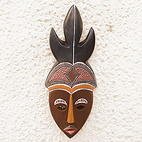 African wood mask, 'Mawulorm II' - Handcrafted African Sese Wood Mask In Brown and Black
