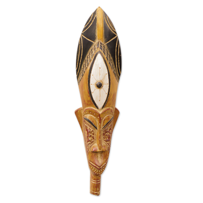 Afrikanische Holzmaske, 'Amahle' – handbemalte afrikanische Sese-Holzmaske mit Messing und Aluminium