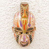 African wood mask, 'Susuu' - Colorful Hand-Painted African Sese Wood Mask with Bird Motif