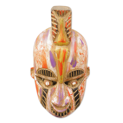 Afrikanische Holzmaske, 'Susuu' - Bunte handbemalte afrikanische Sese-Holzmaske mit Vogelmotiv