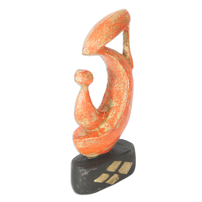 Wood sculpture, 'Tender Bond' - Hand-Painted Mother Child Wood Sculpture with Brass Accents