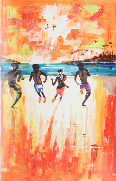 'Quienes somos' - Escena impresionista acrílica de niños jugando en la playa