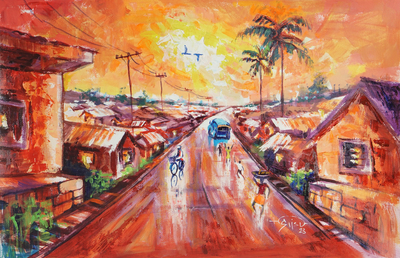 'Burning Desire' - Pintura impresionista acrílica colorida de un pueblo de Ghana