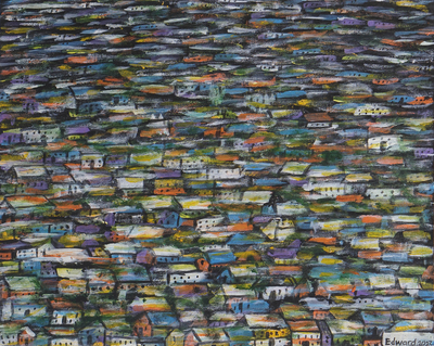 'Urban Village at Noon' - Impressionist Acrylic Painting of African Slum from Ghana