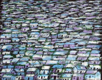'Urban Village at Dawn' - Acrylic Painting of African Slum in Impressionist Style