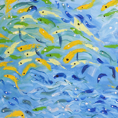 'Demonstration' - Signed Unstretched Acrylic Painting of Vibrant Fish Shoal