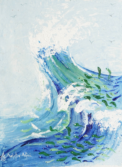 'Splash' - Unstretched Expressionist Acrylic Painting of Waves and Fish