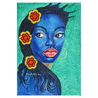 'Blue Green' - Pintura de retrato de acrílico sin estirar firmada de una mujer azul