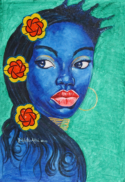 'Blue Green' - Signed Unstretched Acrylic Portrait Painting of a Blue Woman