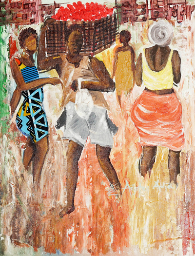 'Makola Market' - Pintura acrílica sin estirar firmada de mujeres en el mercado