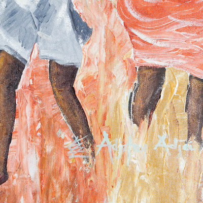 'Makola Market' - Pintura acrílica sin estirar firmada de mujeres en el mercado