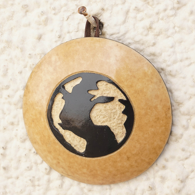 Dried calabash wall art, 'Human Universe' - Handcrafted Round Dried Calabash Gourd Wall Art of Earth