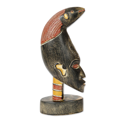Wood sculpture, 'Hunter Head' - Red and Black Sese Wood Sculpture with Aluminum Accents