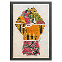 Fabric collage wall art, 'The Power Belongs to You' - Batik Fabric Collage Framed Wall Art in Yellow and Pink