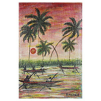 'Expedición de pesca al mediodía' - Pintura de paisaje acrílico impresionista sin estirar