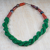 Recycled glass and agate beaded torsade necklace, 'Queen in Green' - Green and Red Recycled Glass and Agate Beaded Necklace