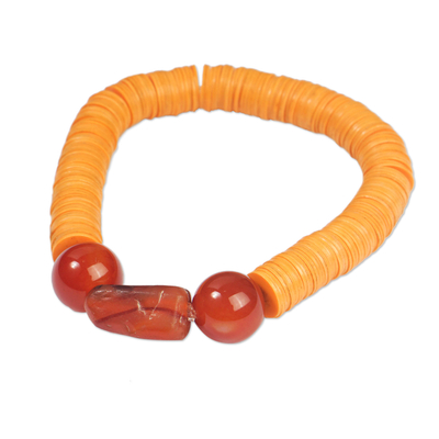 Recycled plastic and agate beaded stretch bracelet, 'Marigold Times' - Orange Recycled Plastic and Agate Beaded Stretch Bracelet
