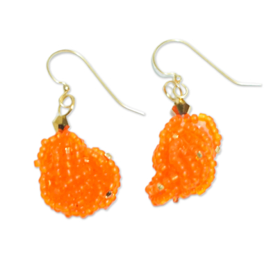 Recycled glass beaded dangle earrings, 'Afia's Orange Knot' - Eco-Friendly Orange Glass Beaded Dangle Earrings from Ghana