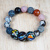 Recycled glass and agate beaded stretch bracelet, 'Joyful Girl' - Multicolor Recycled Glass and Agate Beaded Stretch Bracelet