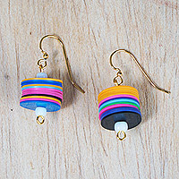 Recycled plastic and glass beaded dangle earrings, 'Awareness colours' - Multicolour Recycled Plastic and Glass Beaded Dangle Earrings