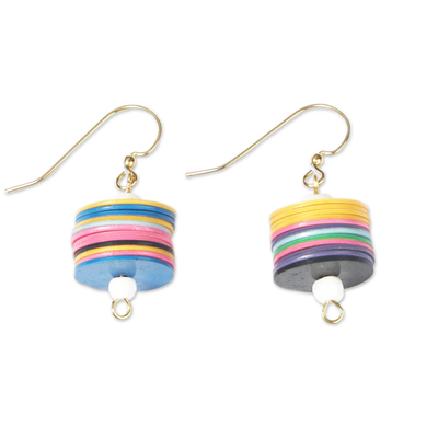 Recycled plastic and glass beaded dangle earrings, 'Awareness colours' - Multicolour Recycled Plastic and Glass Beaded Dangle Earrings