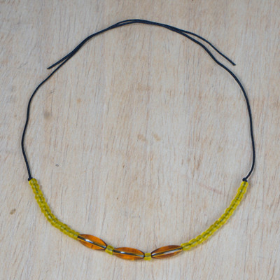 Recycled glass beaded anklet, 'Bold Dame' - Handcrafted Yellow and Orange Glass Beaded Anklet