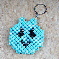 Recycled plastic beaded key chain, 'Happy Beads' - Handmade Turquoise Recycled Plastic Beaded Emoji Key Chain