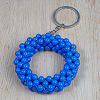 Recycled plastic beaded key chain, 'Blue Endlessness' - Handcrafted Blue Recycled Plastic Beaded Key Chain