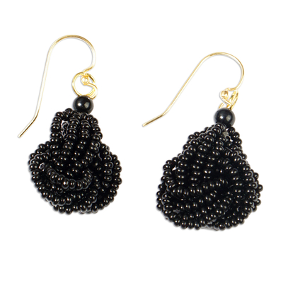 Recycled glass beaded dangle earrings, 'Afia's Knot' - Eco-Friendly Black Glass Beaded Dangle Earrings from Ghana