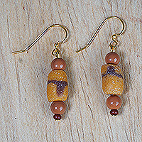 Recycled glass beaded dangle earrings, 'Fine Evening' - Eco-Friendly Brown Glass Beaded Dangle Earrings from Ghana